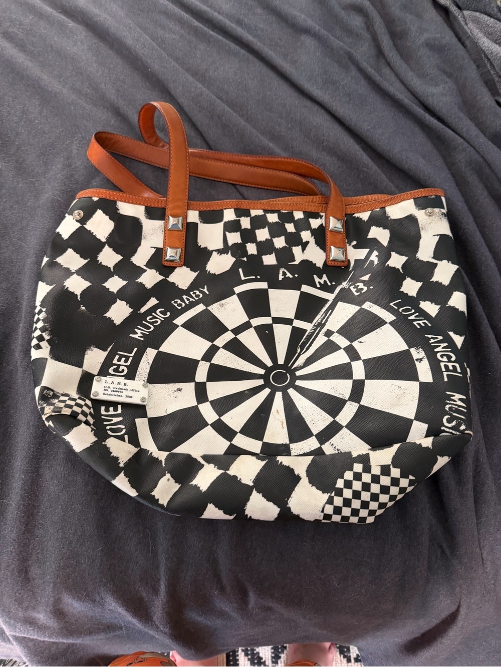 L.A.M.B. Black & White Checkerboard Tote with Brown Leather Straps - Picture 2 of 3